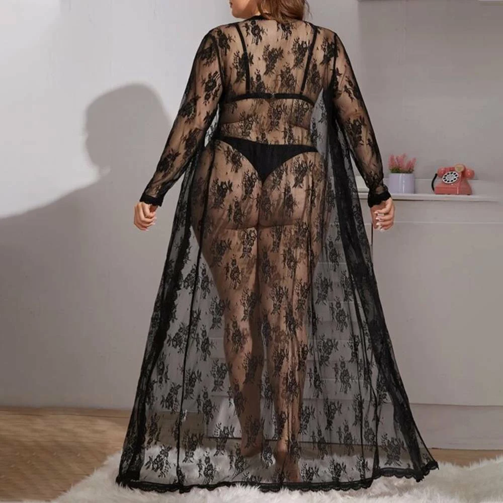 Sexy Pajamas Black Lace Cover Up Women Mesh See Through Night-robe Female Plus Size Long-Sleeve Nightdress Sleepwear 5XL