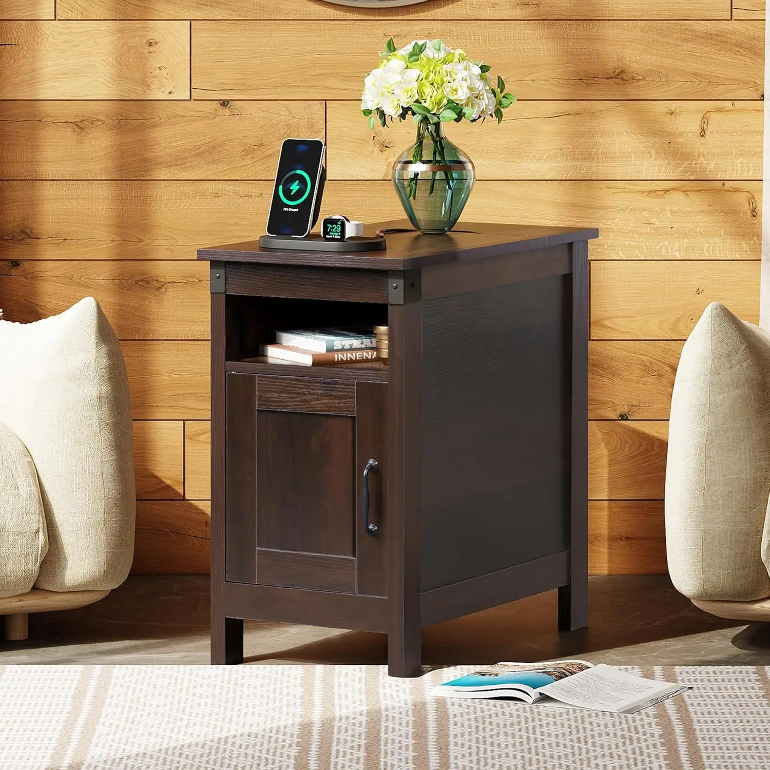 

End Table with Charging Station, Narrow Side Table for Living Room, Farmhouse Night Stand with Storage, Small Wooden Cabinet