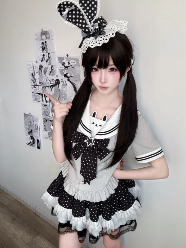 

Милый летний комплект школьной формы в японском стиле: топ с коротким рукавом и матросским воротником, пышная юбка в горошек, модный комплект из двух предметов