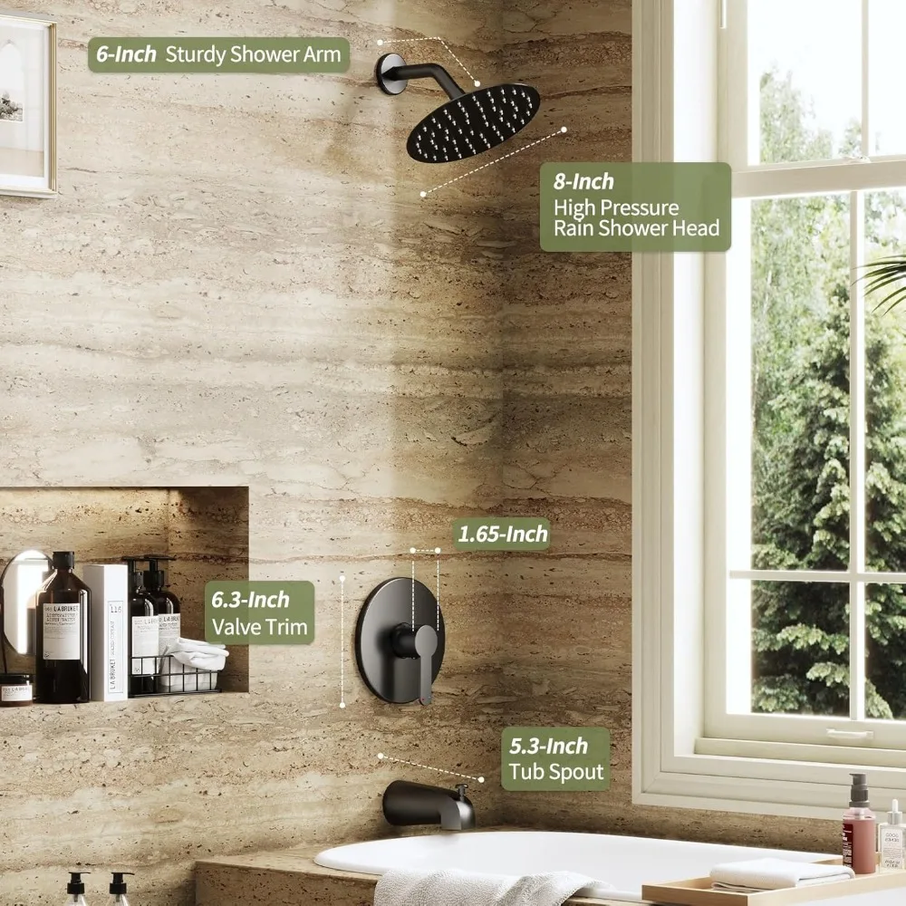 8インチのマットブラック浴槽シャワー蛇口セット、高圧シャワーヘッドとバルブ付き