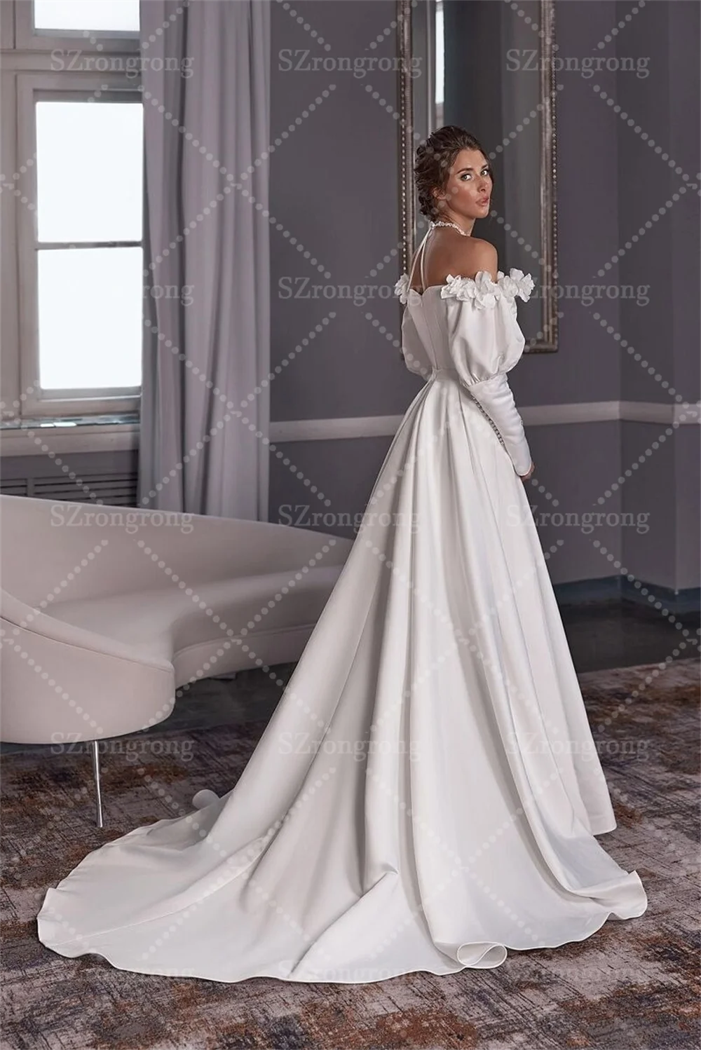 فستان زفاف من الساتان عالي الجودة على شكل حرف a وأكمام منتفخة بدون ظهر بطول الأرض وفتحة جانبية مع ذيل مصنوع حسب الطلب