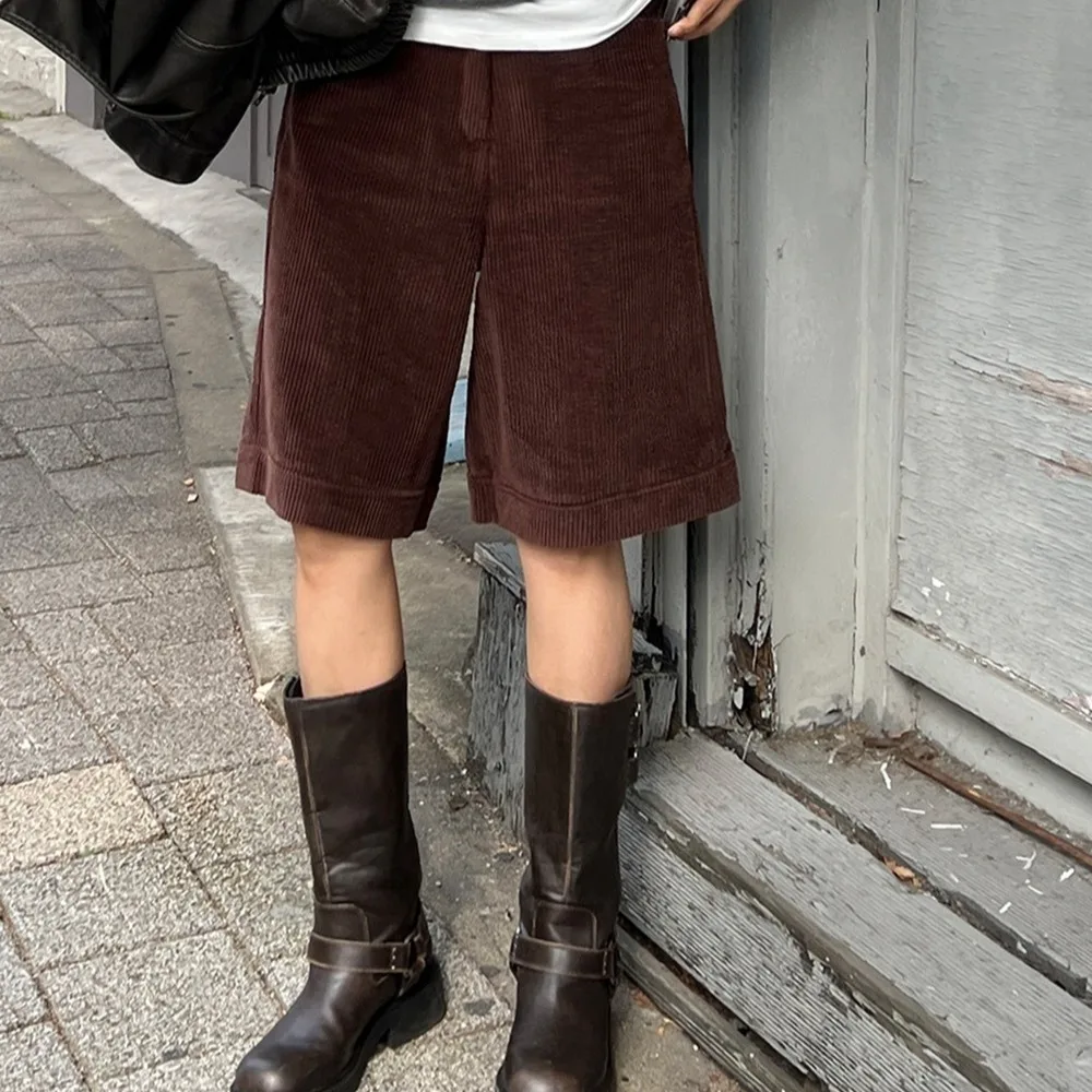Retro Korean Style Corduroy Five-Point Mid-Calf Shorts Women's High Waist Coffee Straight Loose Casual Wide Leg Mid-Term Shorts