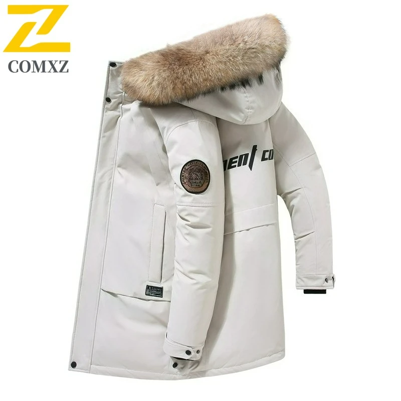 COMXZ Men Puffer Jacket Luxury Mao Collar Hooded Outdoor Office Thickened Parka Casual Travel Windproof Winter Long Puffer Coat