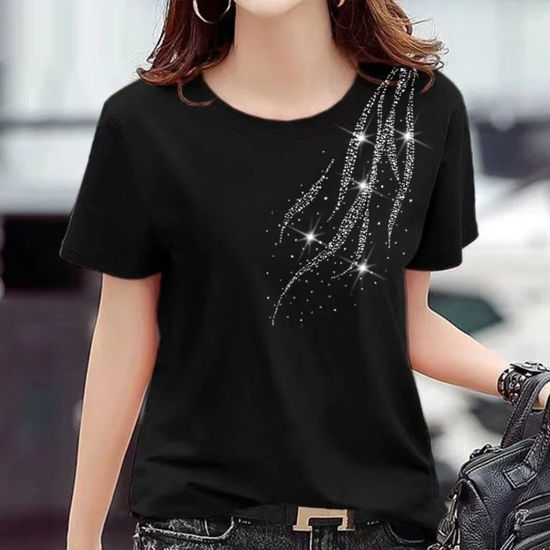 Odzież damska letnia koreańska moda Rhinestone czarne t-shirts z krótkim rękawem damskie Casual O dekolt z krótkim rękawem luźny, w stylu Basic topy