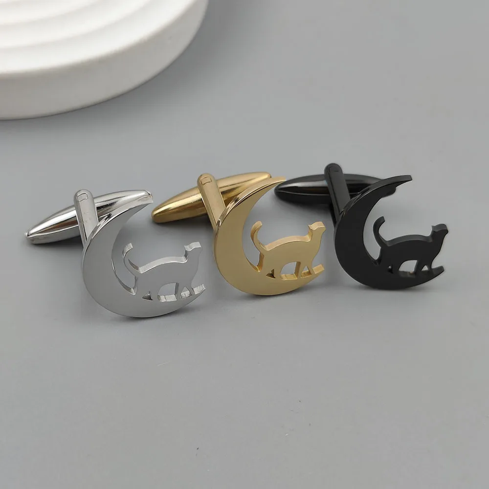 Moon Cat Accessories Cufflinks Available in Gold, Silver, and Black Colors Men's Business Dress Shirt Sleeve Nails