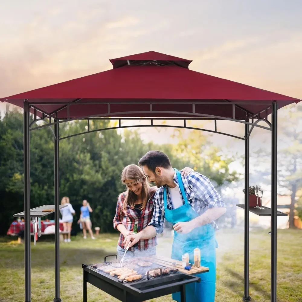 5x8 Gazebo, Canopy for Patio Outdoor BBQ Gazebos with Shelves & Extra 2 LED Light, Barbeque Grill Canopy, Camping Tent