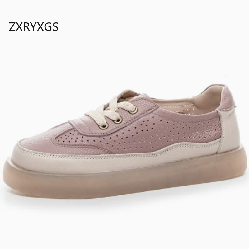 ZXRYXGS Top Cowhide Hollow Breathable Sneakers New 2026 Large Size Spring Summer Sneakers Casual Shoes Women Flats Trend Shoes