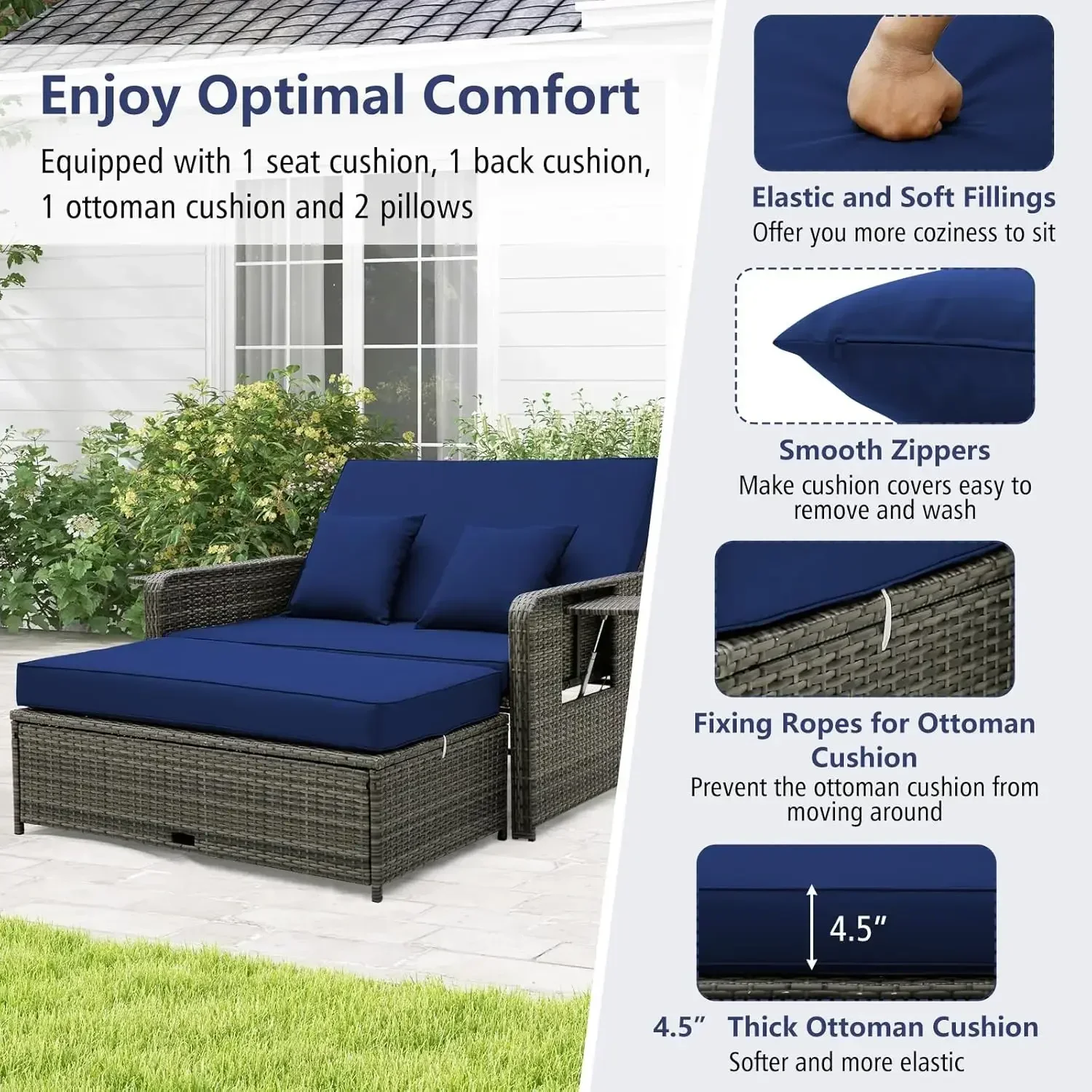 Patio Rattan Daybed Set, Wicker Loveseat Sofa w/Multipurpose Ottoman & Retractable Side Tray,Seat & Back Cushion Included