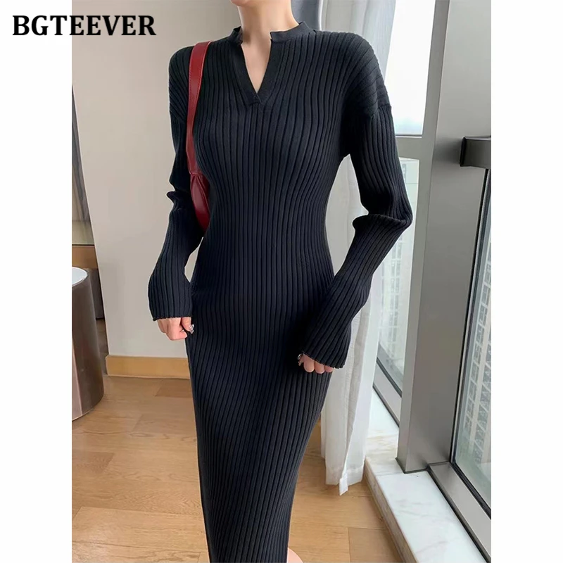 BGTEEVER Stylish V-neck Slim Knitted Package Hip Dress Women Long Sleeve Split Female Bodycon Sweater Dress Autumn Winter