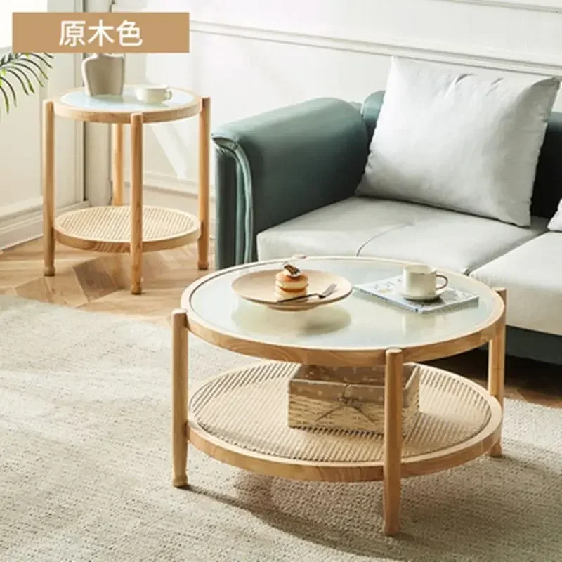 Japanese style internet red solid wood rattan woven coffee table, Changhong glass double layer circular Nordic living room, hous