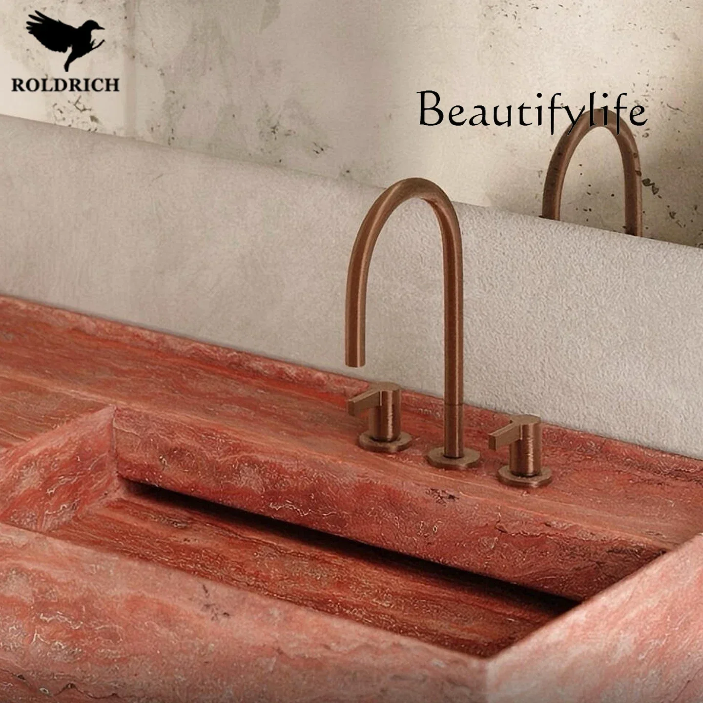 NEW FKRetro Style Red Travertine Rock Slab Floor-to-ceiling Hand Washing Basin Hotel Column Basin Sink Sink