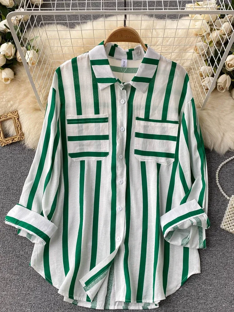 Hikigawa Chic Fashion Women Tops Turn Down Collar Long Sleeve Striped Casual Shirts Korean Versatile Female Blouses Blusas Mujer