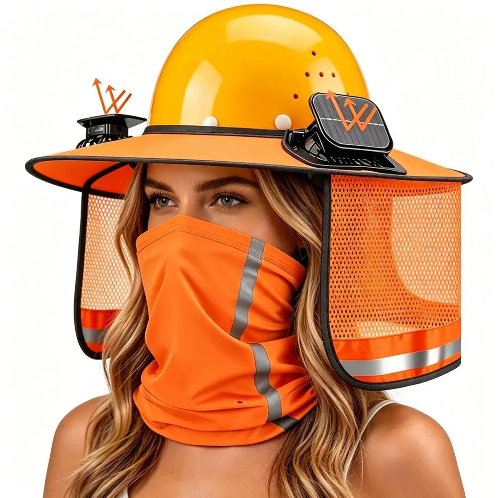 Outdoor Helmet Neck Guard Hat Neck Shield with Solar Fan Full Brim Sun Protection Visor Ventilated Hard Hat for Construction