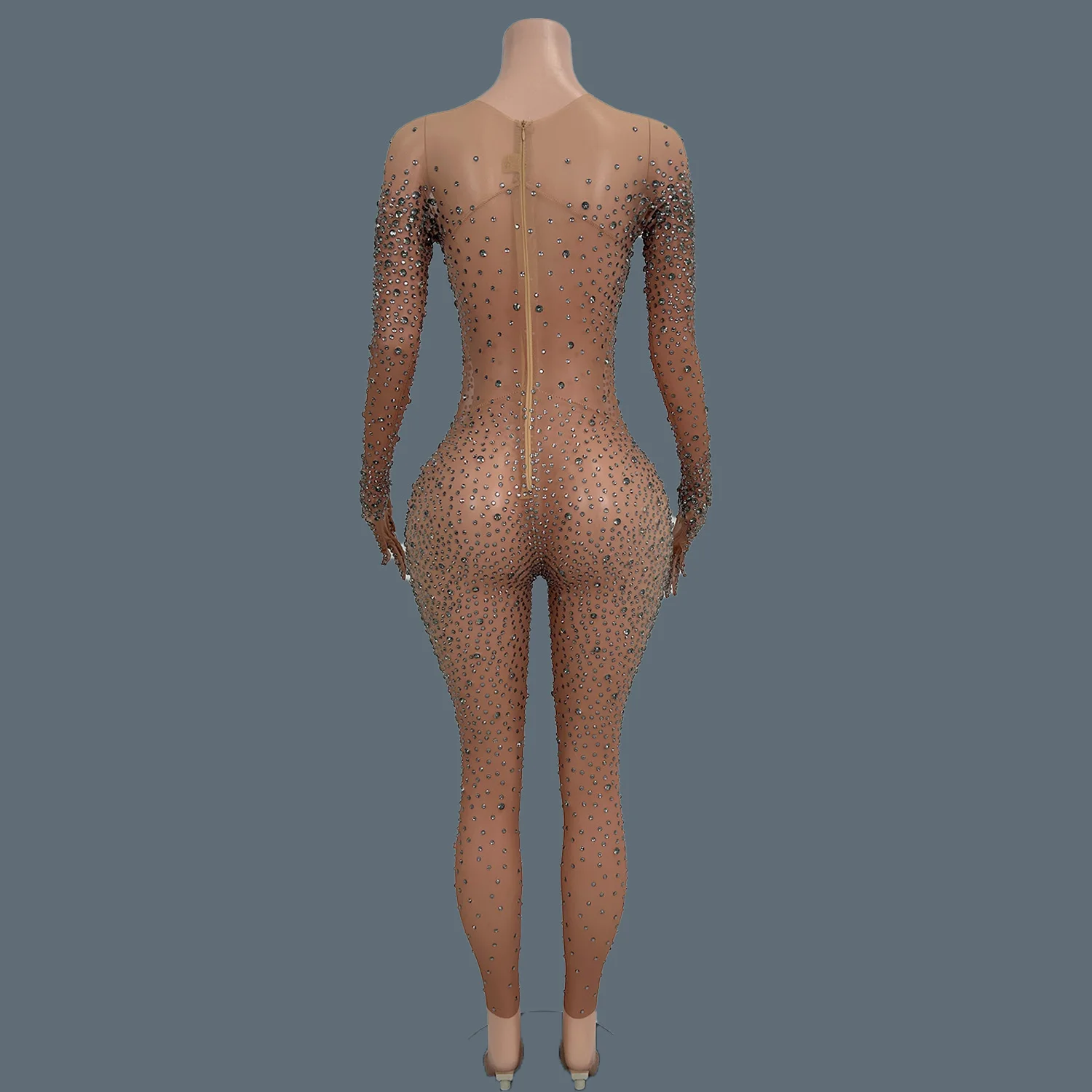 Sexy Stage Costume Full Rhinestones Gloves Sleeves Jumpsuit Evening Fashion Show Outfit Women Photoshoot Bodysuit Tiaotiaotang