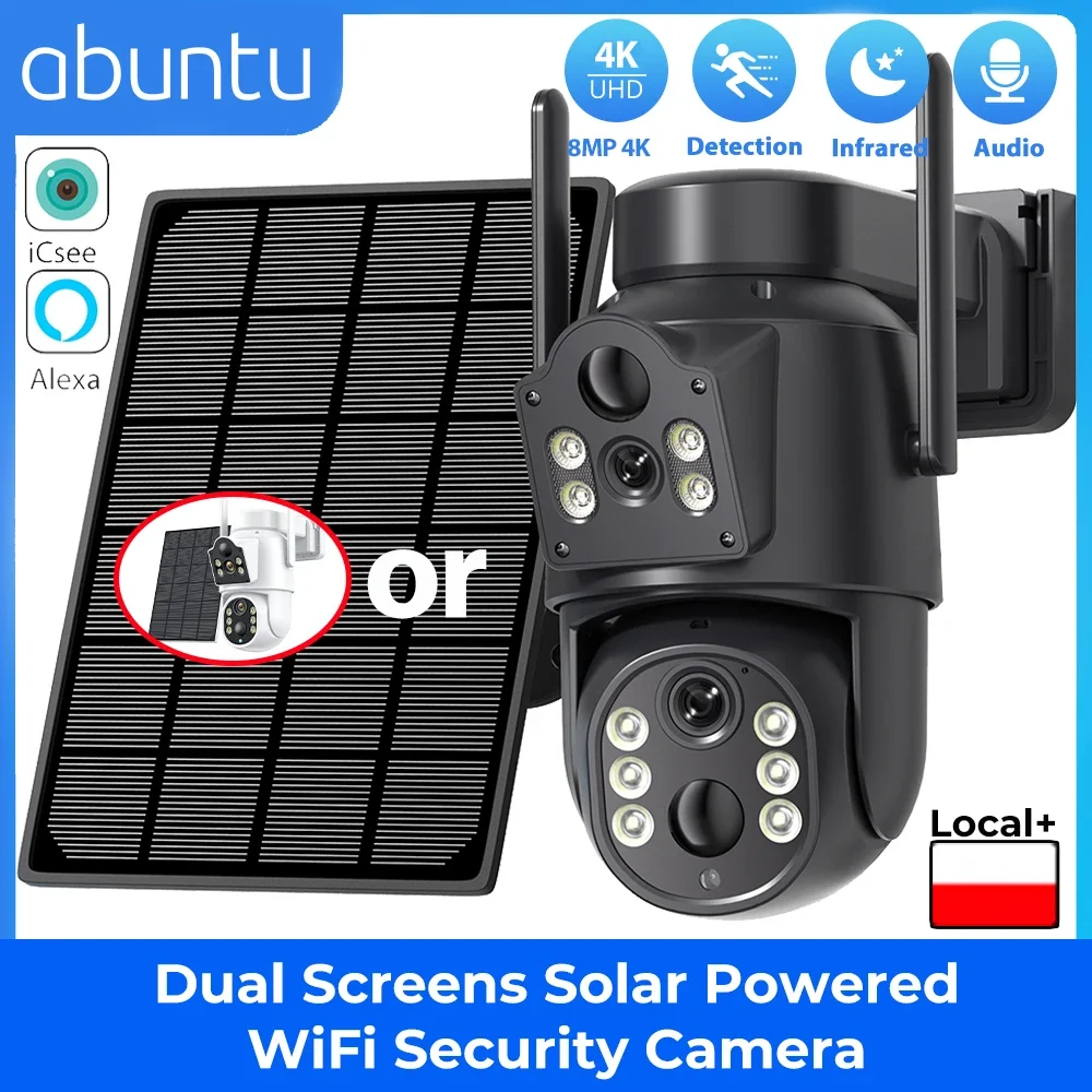 8MP 4K Solar WLAN PTZ-Kamera mit Doppellinse und Doppelbildschirm, Outdoor-Sicherheitskamera mit HD-Nachtsicht, PIR-Bewegungserkennung, ICSEE-App, 365 Tage Lange Standby-Zeit
