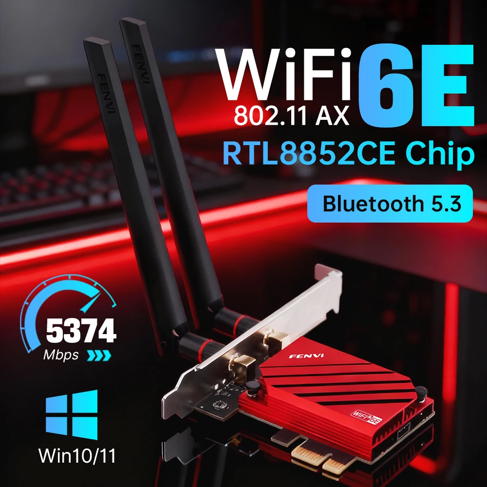 

Карта FENVI WiFi 6E PCI-E RTL8852CE 5400 Мбит/с BT 5,3 трехдиапазонный беспроводной сетевой адаптер 2,4G/5G/6 ГГц для настольных ПК Windows 10/11
