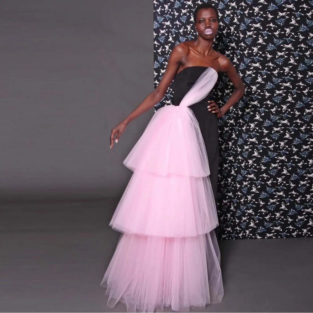 Fashion Black&Pink Contrast Color Sheath Formal Party Dresses With Tiered Tulle Overlay Strapless Long Prom Gowns