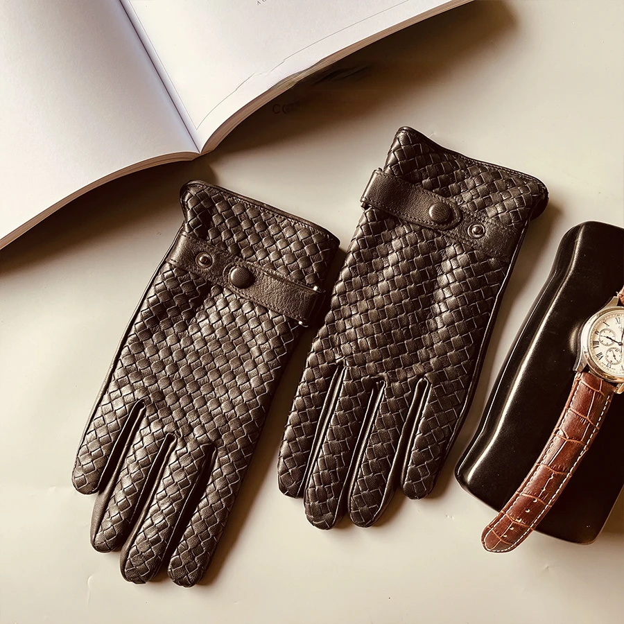 Vintage Leather Woven Genuine Leather Gloves First Layer Sheepskin Men Winter Thin Fashion Real Leather Driving Gloves