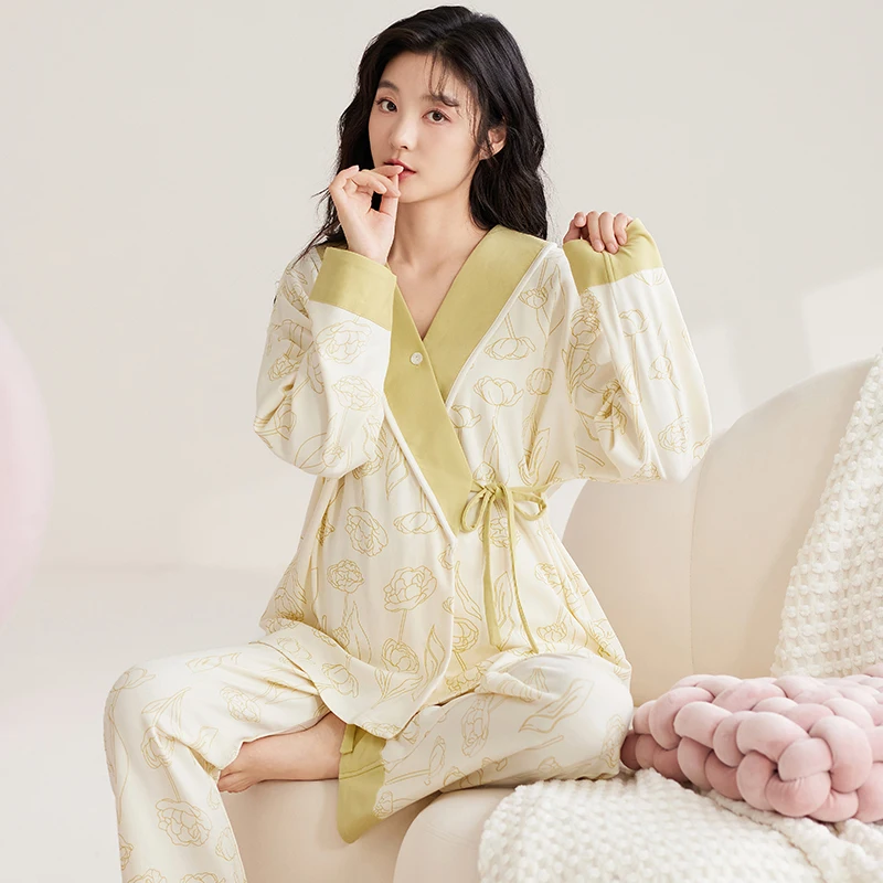 

Printed Modal Nursing Sleepwear for Maternity Autumn Spring Long Sleeve Cardigan Pajamas Across V Pregnancy Hospital Home Wear