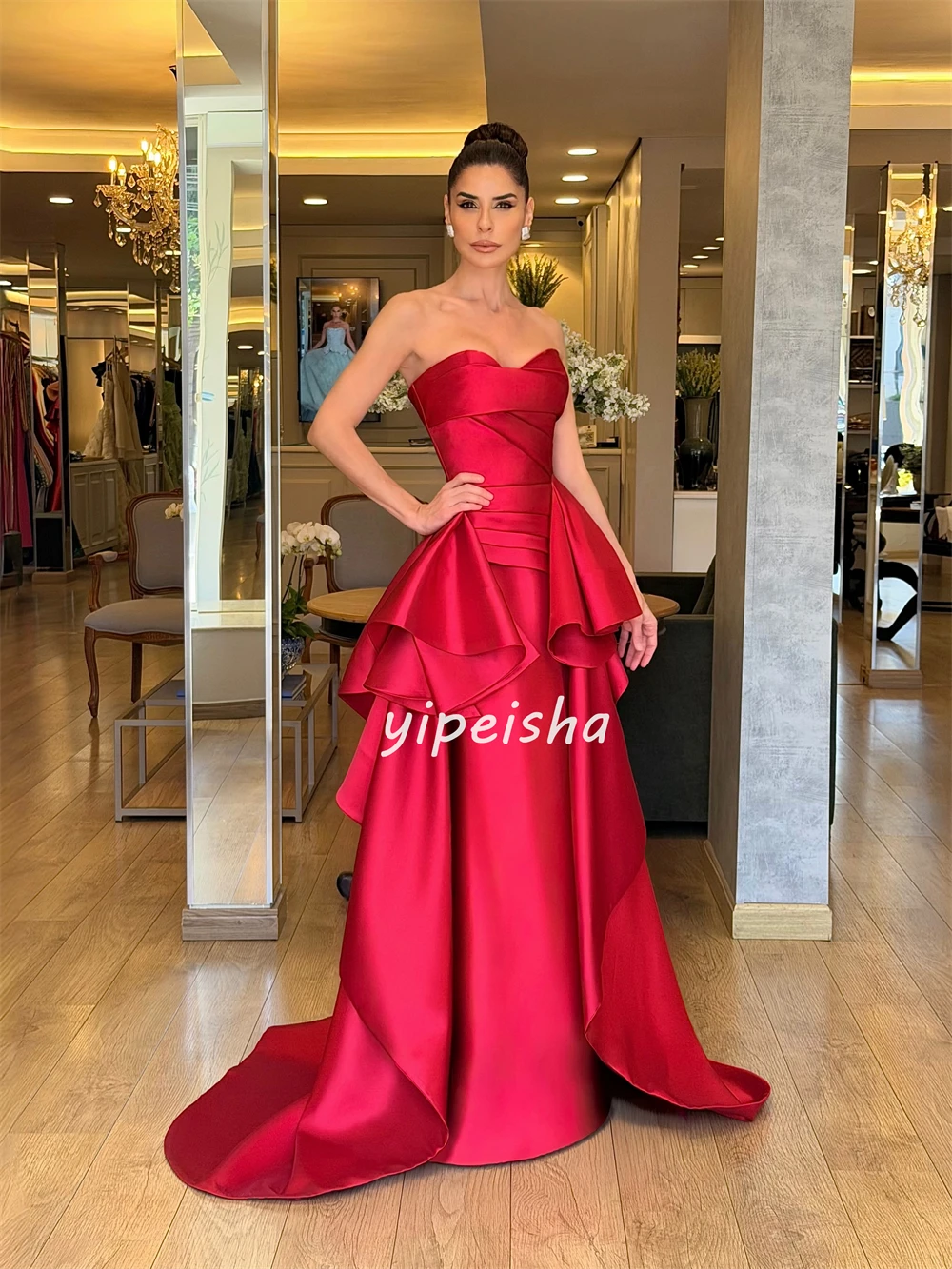 Customized Classic Women Charmeuse Ruched Pleat Straight Evening Dress Modern Style Strapless Sleeveless Floor Lenght Party Gown