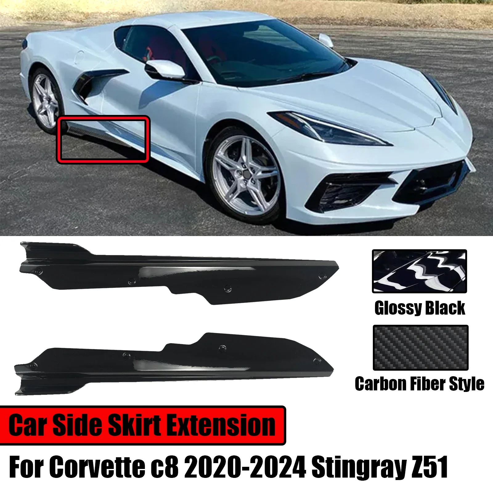 2Pcs For Chevrolet Corvette C8 Stingray&Z51 2020-2024 Side Skirt Extension Lip Splitters Winglet Carbon Fiber Style Glossy Black