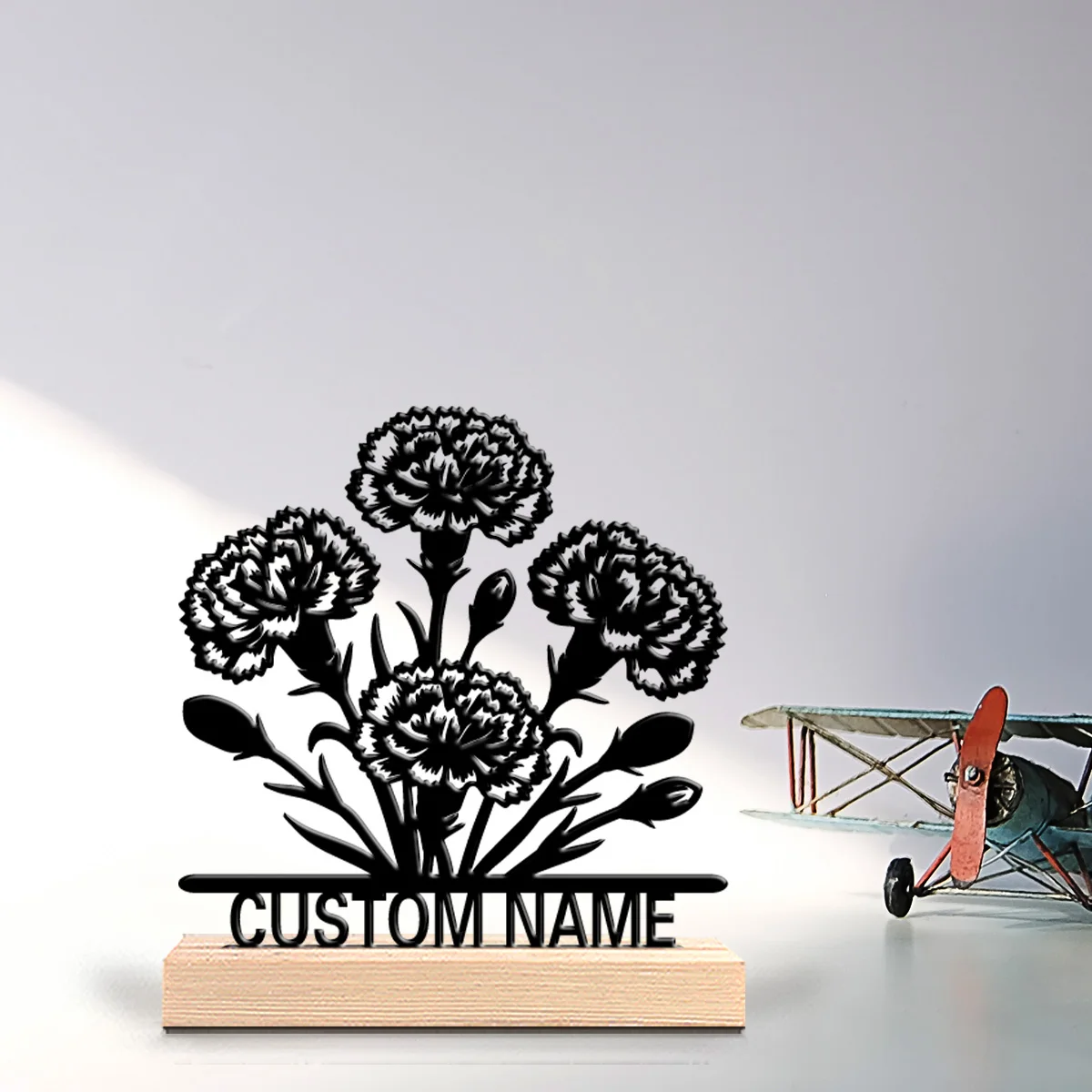 1pc Fun Personalized Custom Carnation Metal Statues Wooden Base Bar Decor for Kitchen Dining Room Modern Rustic Themes