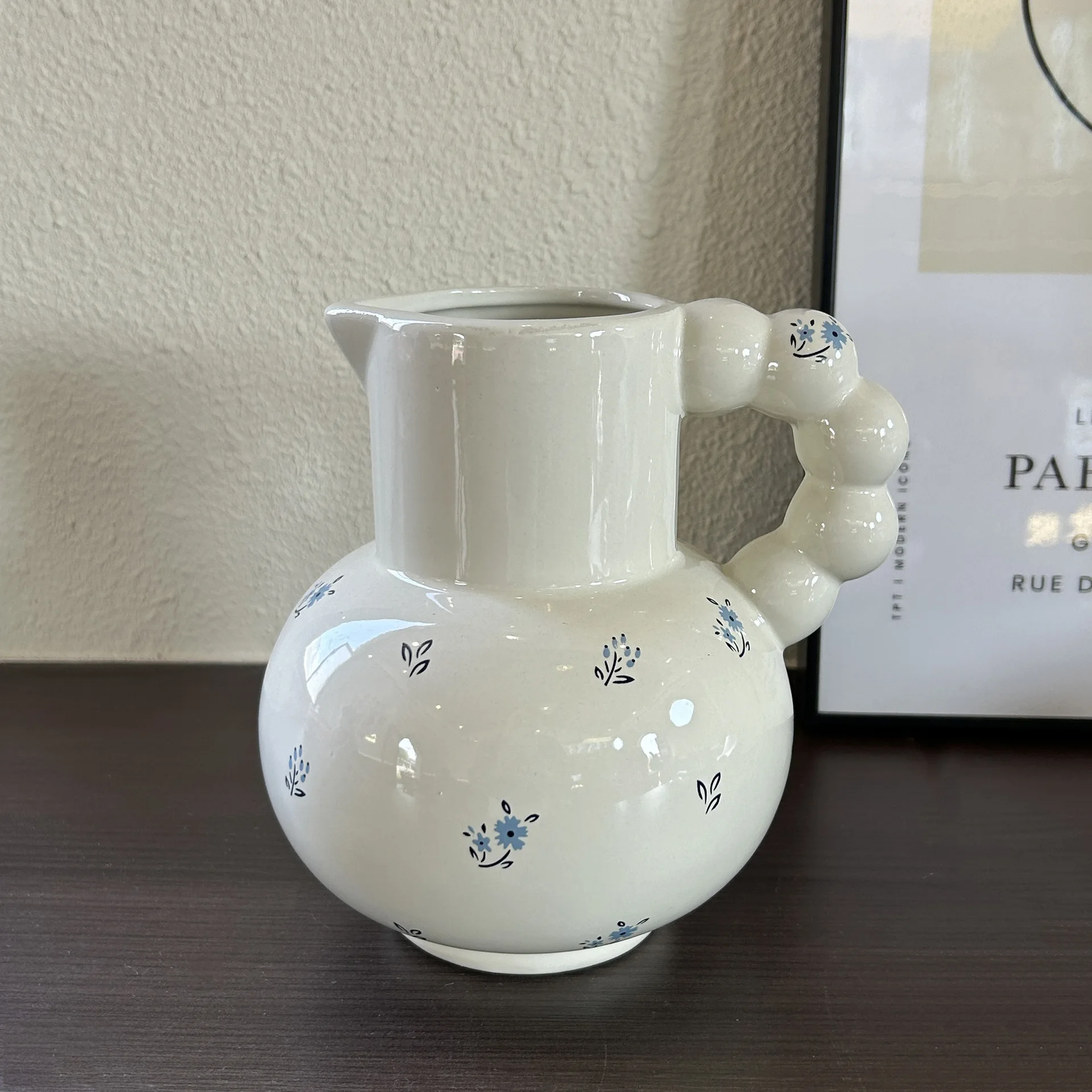 French Vintage Floral Ceramic Creamer Vase, Bubble Handle Water Culture Vase for Home Living Room Dining Table Desktop Decor
