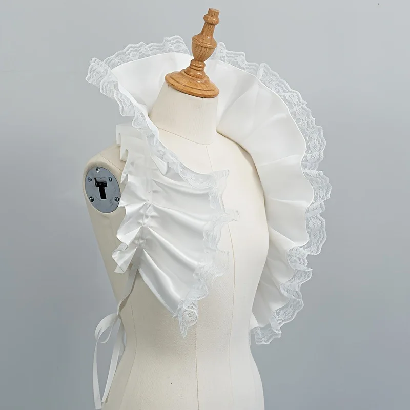 Vintage Victorian Ruffled Shrug Shawl Gothic Palace Style Lace Satin Fake Collar Shoulder Wrap Capelet Jabot Cosplay Costume