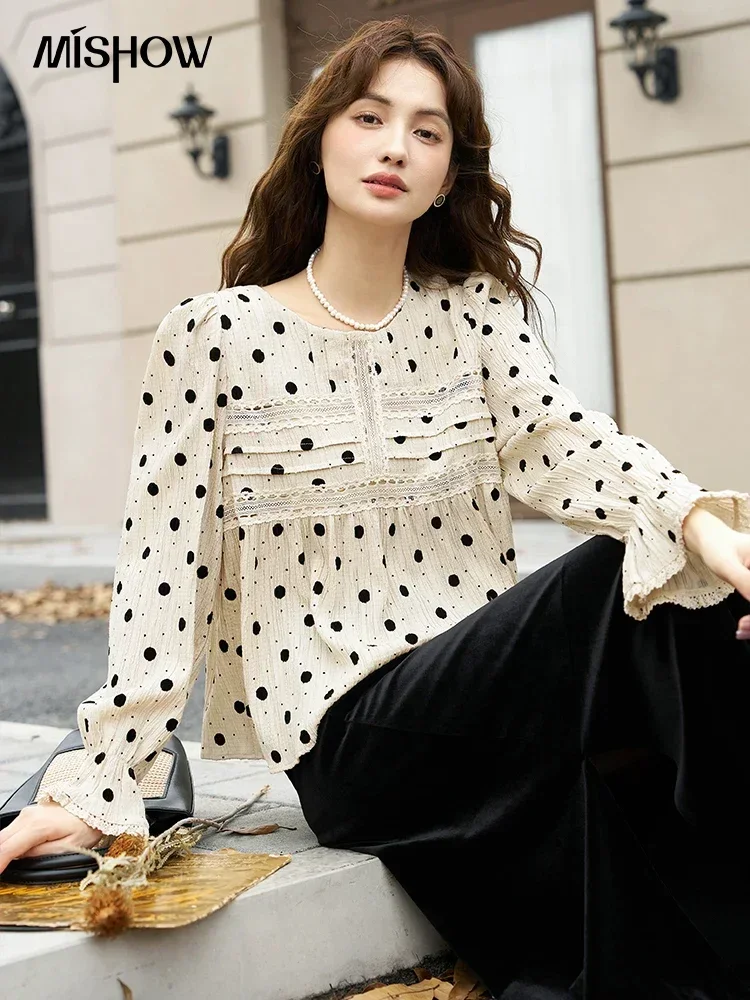 MISHOW French Polka Dot Blouse Women Spring Autumn Elegant Bell Long Sleeve Shirt Woman Casual Lace Spliced Sweet Top MXC46X1317