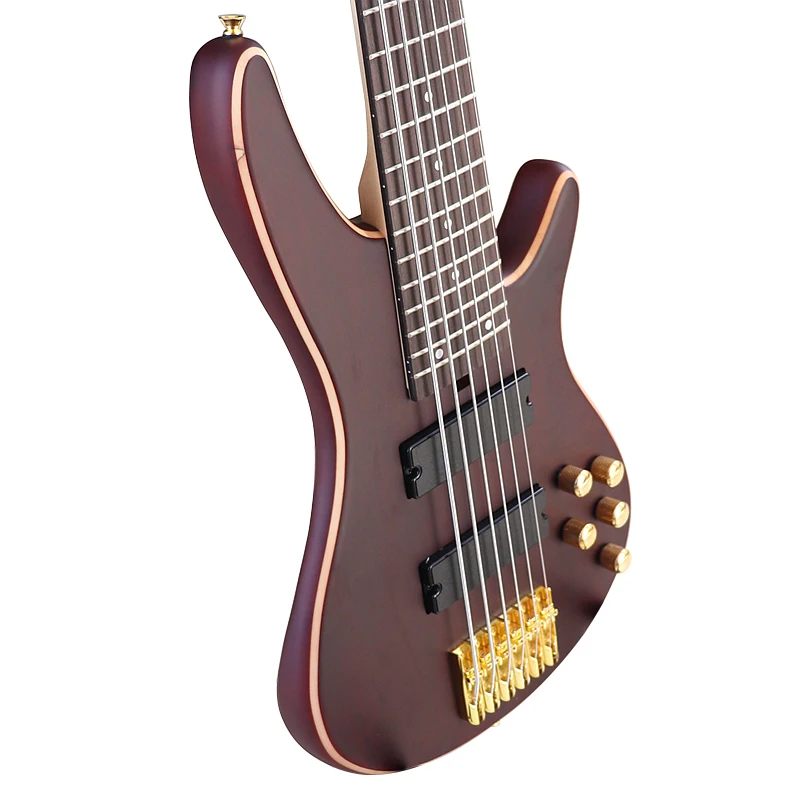 6 String Active Bass Guitar 43 Inch Electric Bass Guitar Brown 24 Frets Solid Sapele Wood Body Black Fingerboard