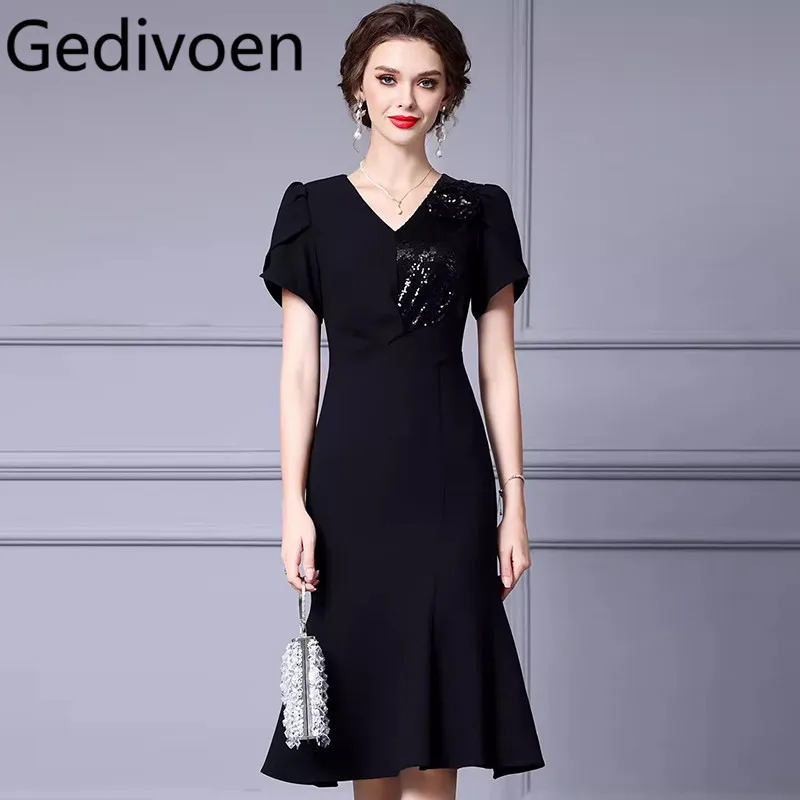 Gedivoen Summer Fashion Runway Designer Dresses Women's Vintage Temperament Sequins Flowers Appliques Buttock Covering  Dresses