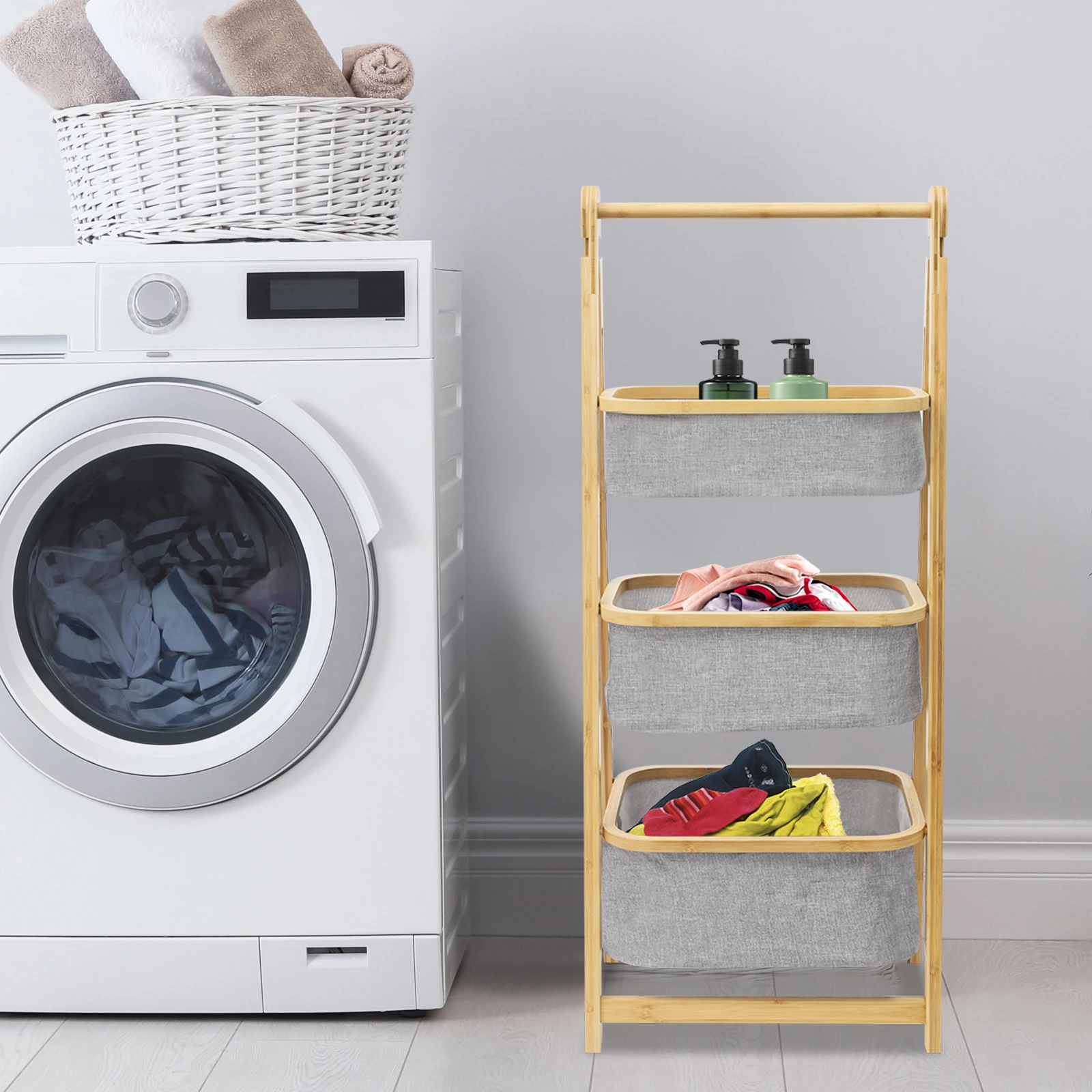 

3-Tier Laundry Basket, Fold Out Hamper Shelf Storage, Foldable Laundry Baskets, Bamboo Laundry Organizer with Removable Baskets