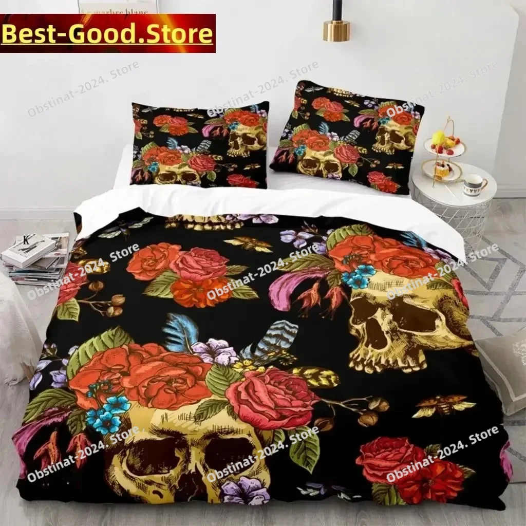 3D Skeleton Skull Bedding Set Printed Bed Set Duvet Cover Sheet Pillowcase Bed Soft Quilt Cover Full Queen King Size Rose Flower