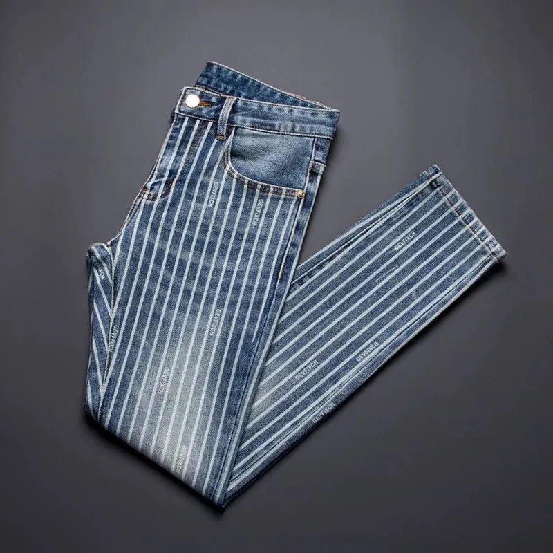 Autumn and Spring Fashion American Vintage Straight-leg Striped Jeans Men's Casual Comfortable Sports High-quality Denim Pants