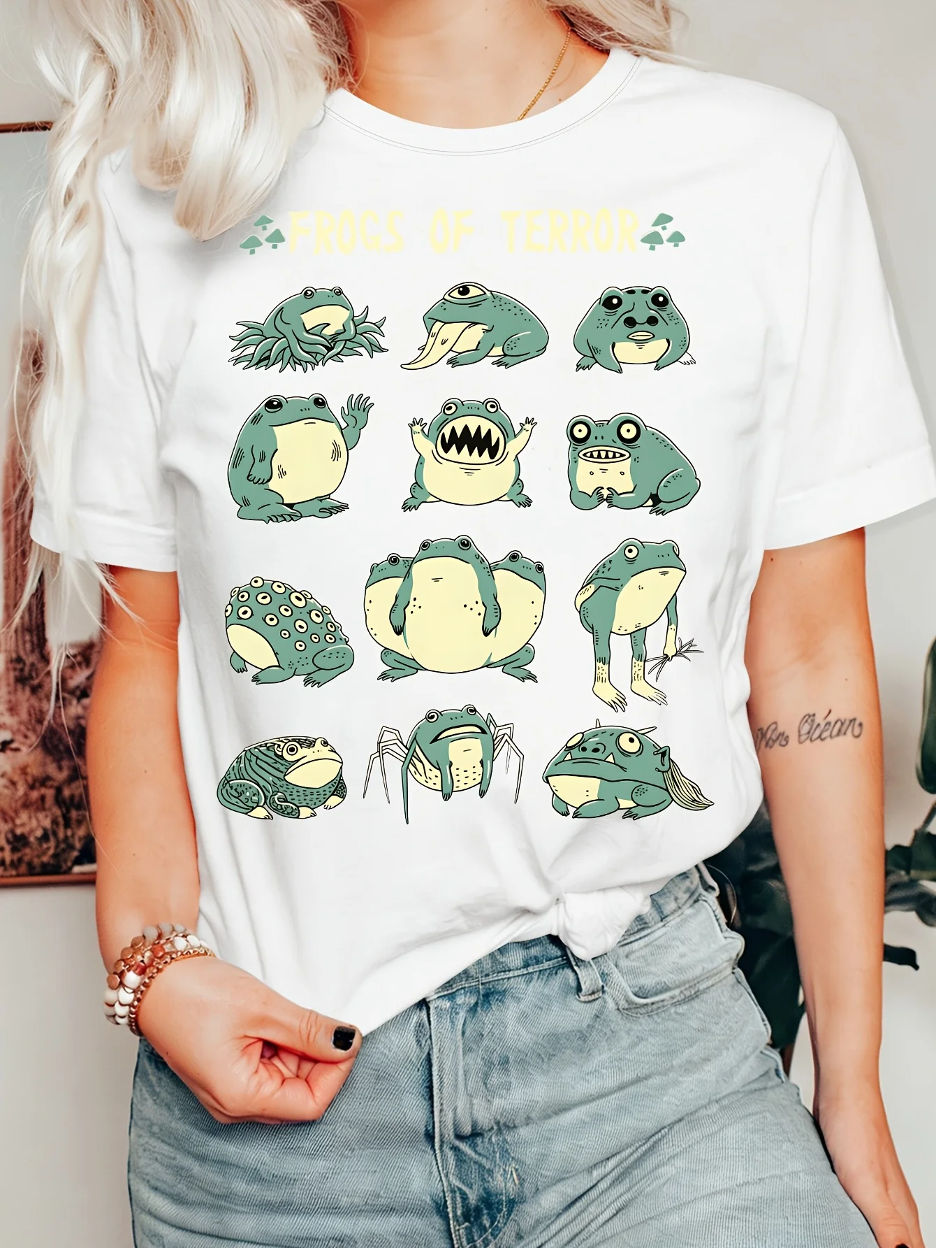 Cartoon Frogs Of Terror Womens T Shirt Creepy Assorted Frog Amphibian Graphic Tee Short Sleeve Casual Daily Party Ladies Tops