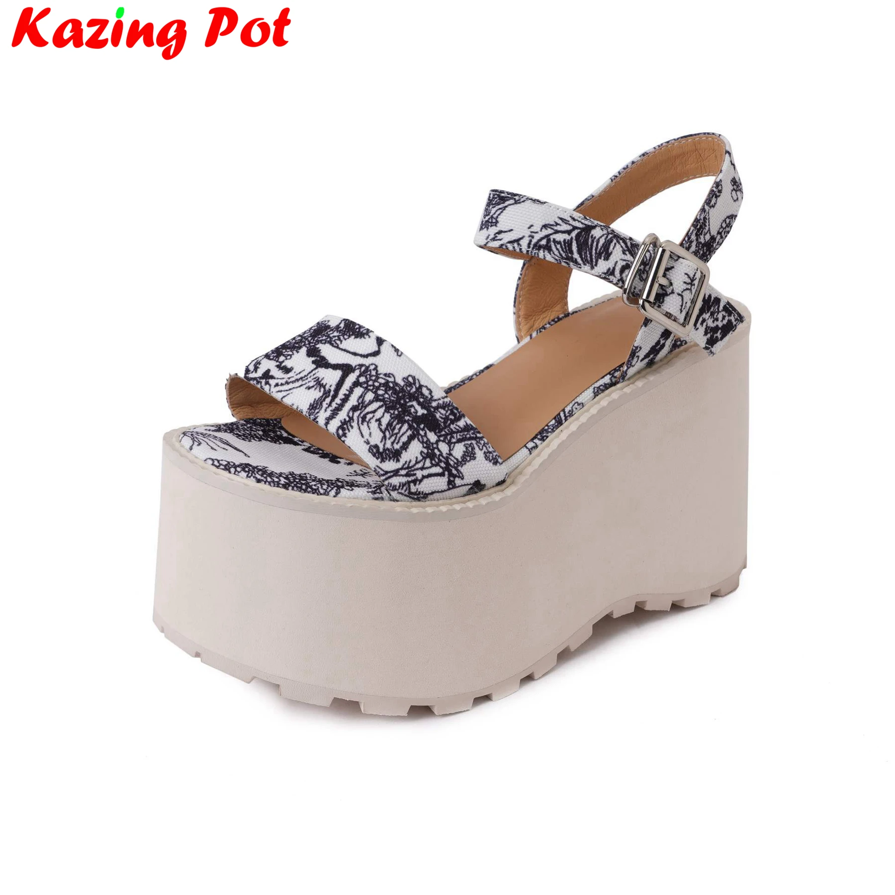 Krazing Pot Print Fabric Peep Toe Buckle Strap Luxury Slingback Summer Shoes Elegant Brand Casual Dress Platform Women Sandals