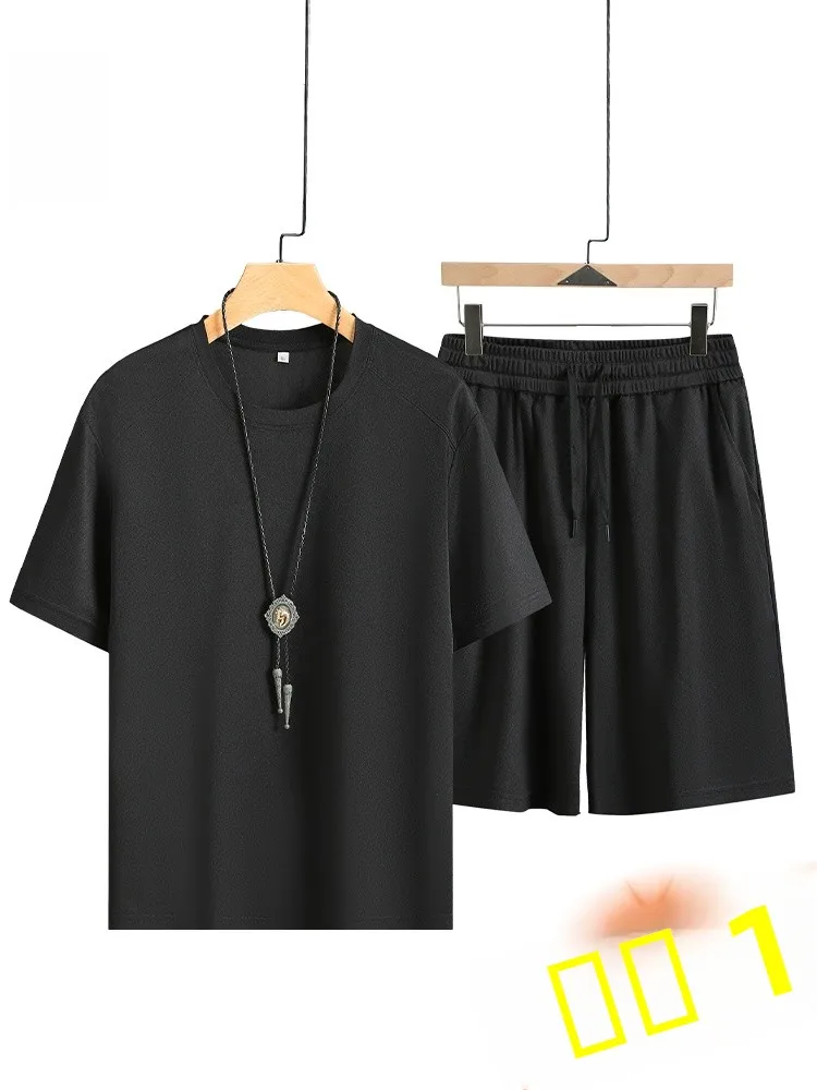 

Летний спортивный костюм из тонкого шелковистого материала для мужчин: молодежный, стильный, модный комплект из двух предметов из полиэстера