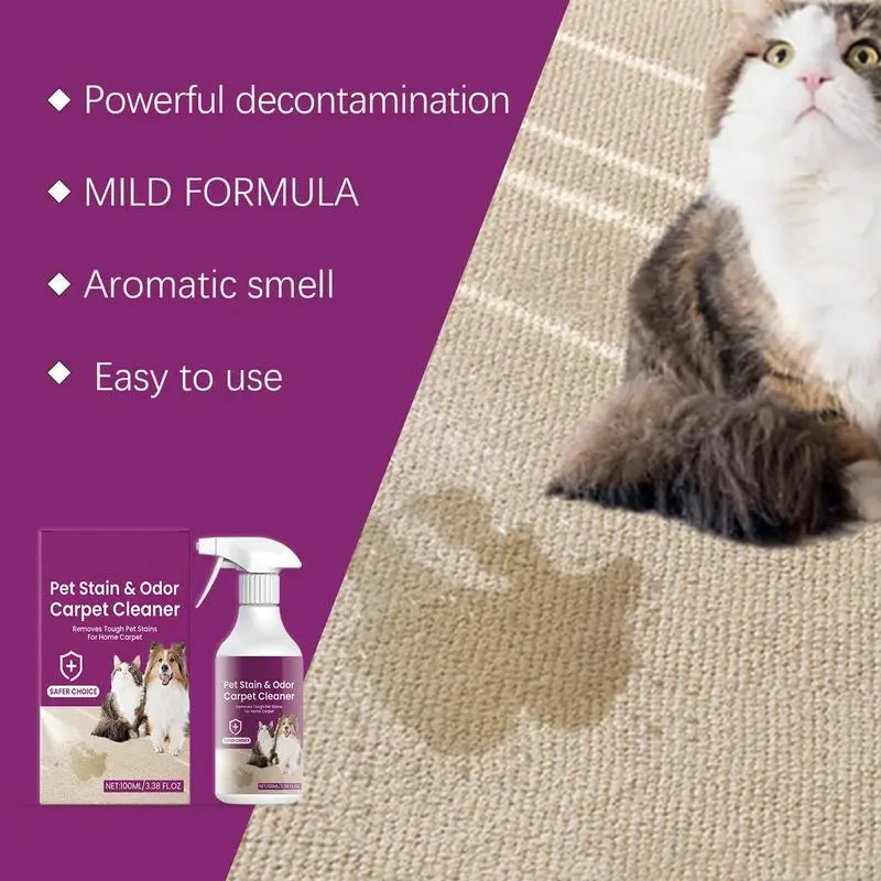 Limpador de manchas para animais de estimação, 120ml, eliminador de manchas para animais de estimação, poderoso removedor de manchas, spray seguro, desodorizador de carpetes para animais de estimação, eficaz para