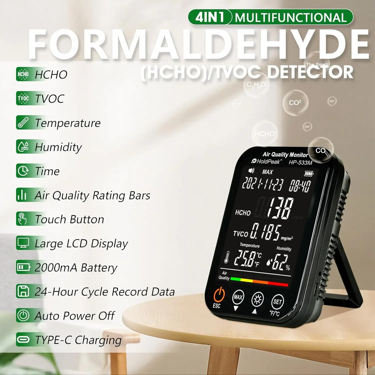 Air Quality Monitor- HCHO, TVOC, Humidity & Temp Detector with Alarm. Ideal for Home & Office, USB-C Rechargeable HP-533M