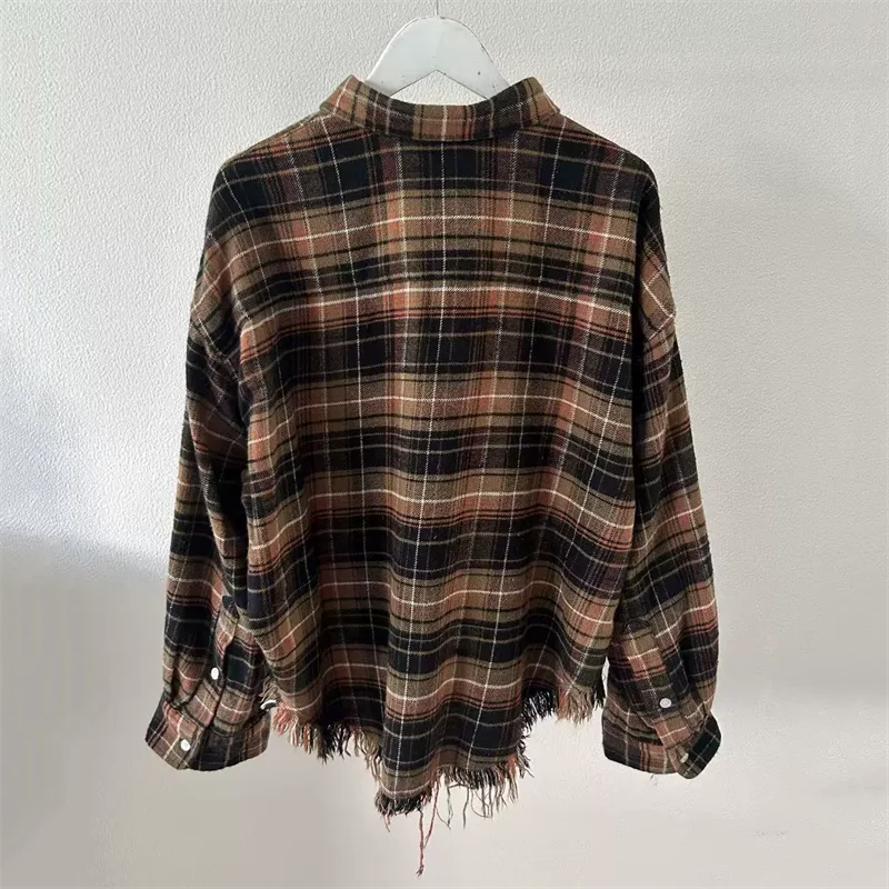 women's shirt New autumn 2026 single breasted lapel women's blouse pure cotton plaid women's long sleeved top washed tassel tops