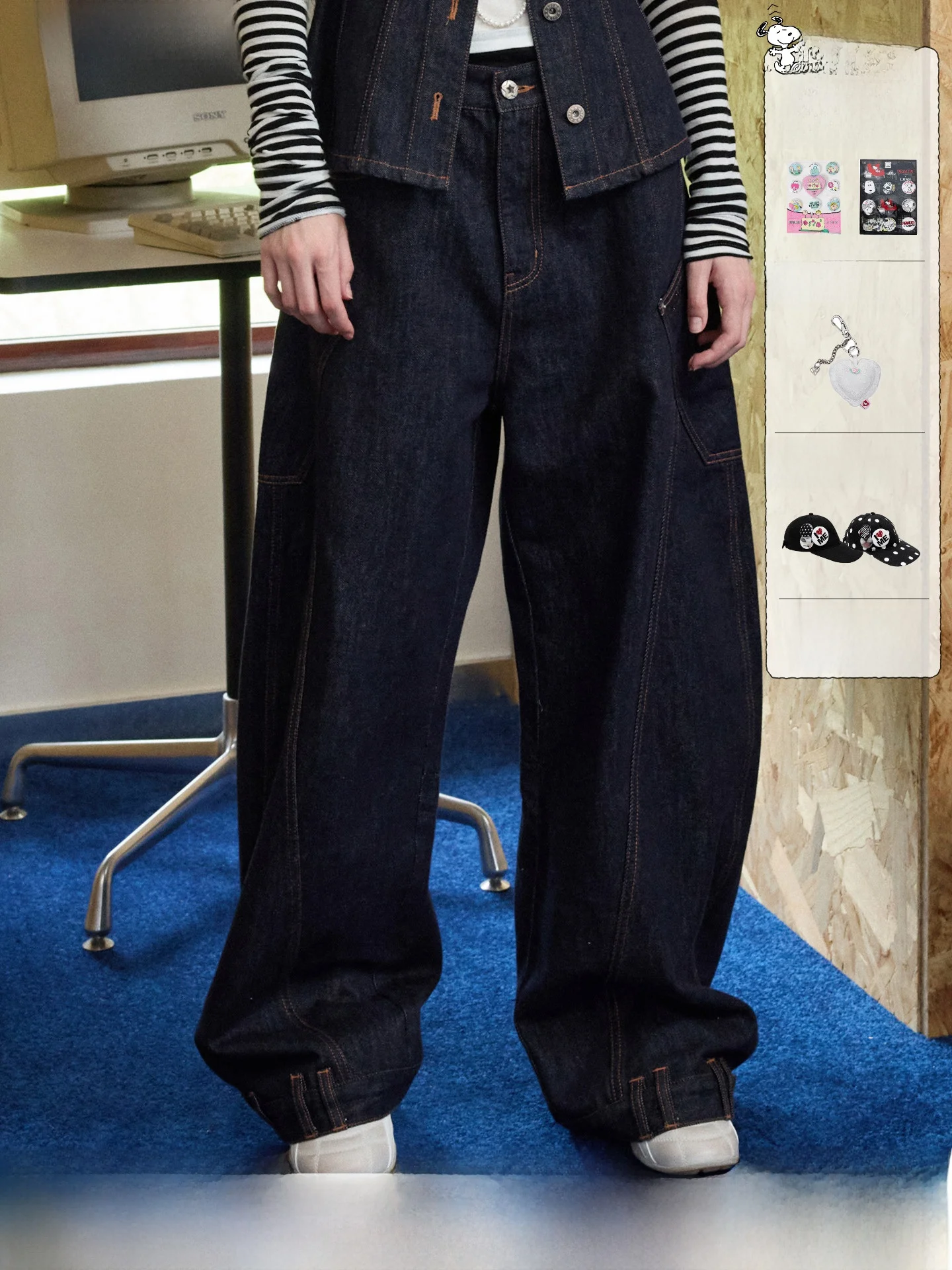

Low Waist Wide Leg Denim Jeans Women's Embroidered Distressed Cotton Pants Slash Design by 1JINN STUDIO Vintage Style