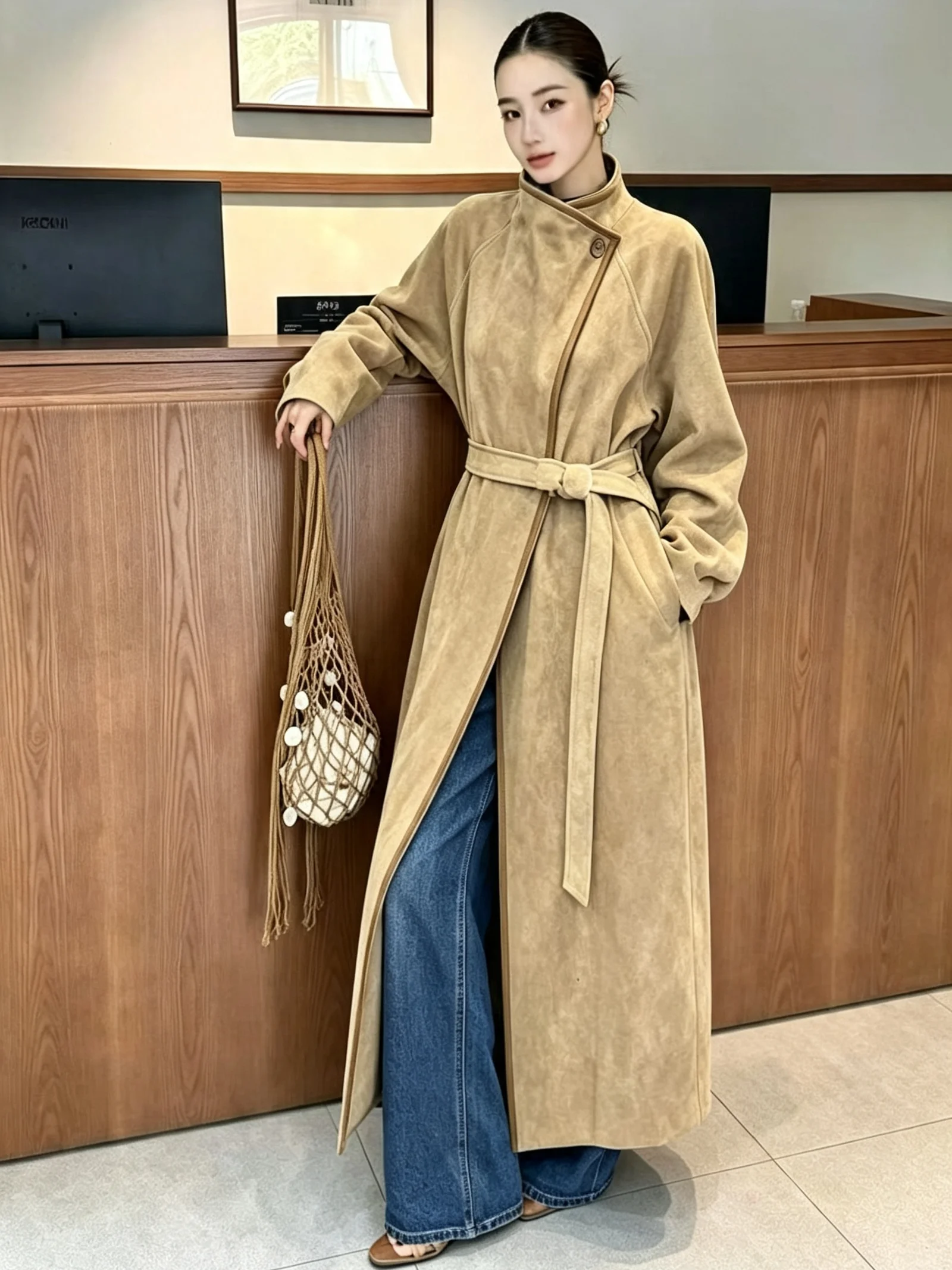 PUAL Women Faux Suede Wrap Long Coat, Lapel & Stand Collar 2‑Style Belted Loose Vintage Outerwear