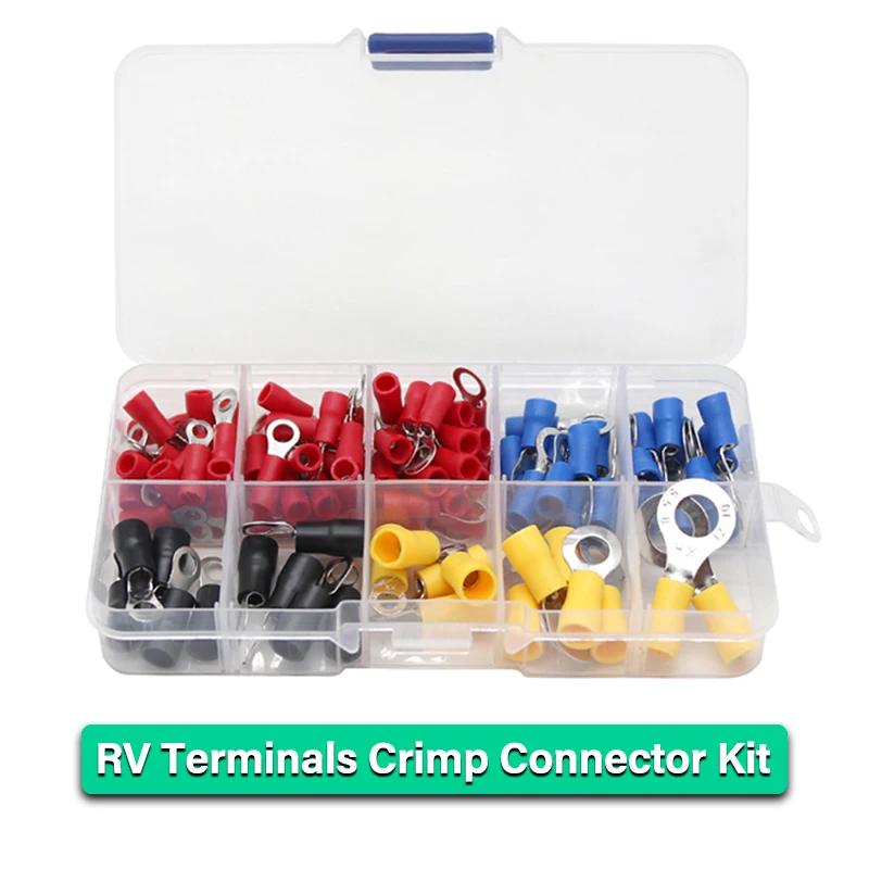 (102pcs/lot RV) Insulated Ring Terminals Electrical Wire Crimp Connector Kit Set With Box, Copper Wire Cord Pin End Butt