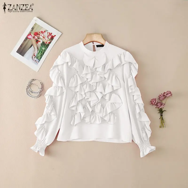 2026 ZANZEA Sping Elegant Long Sleeve Ruffled Blouse Women Office Shirt Elegant Stand Neck  Buttons Up Blouses Chic Tops Mujer