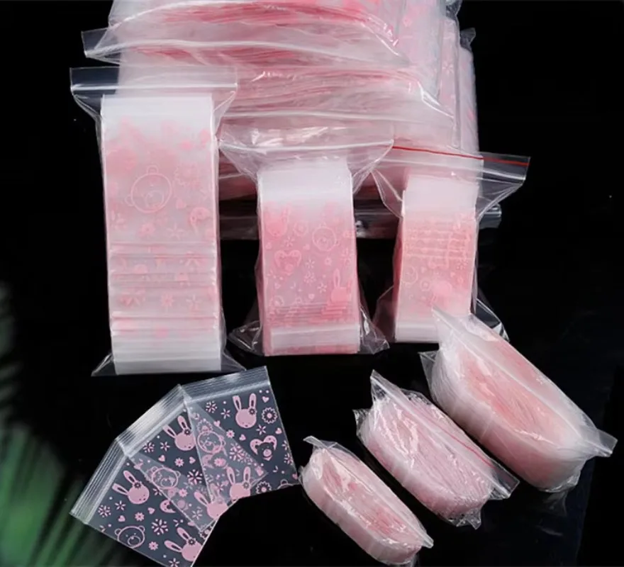 100PCS Pink Rabbit Plastic PE Ziplock Storage Bag DIY Lovely Beauty Jewelry Trinkets Chains Earrings Toys Gift Packaging Pouches - view 3