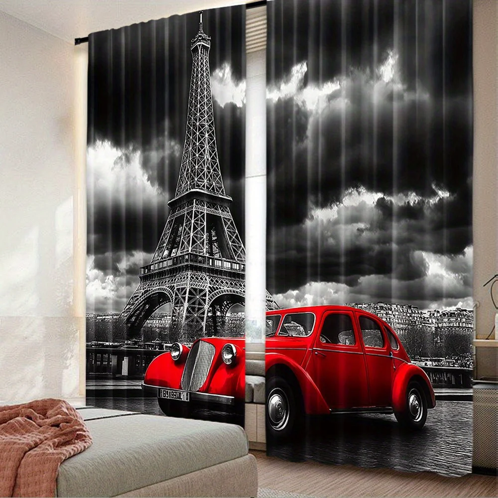Vintage Red Car Curtain, Paris Eiffel Tower Window Drape, Retro City Blackout Panel, Living Room Bedroom Home Decor
