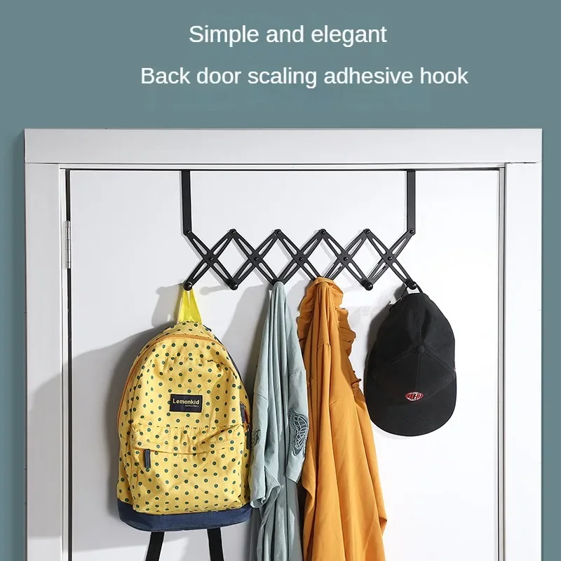 Stainless Steel Folding Door Rear Hook, Nail Free, Retractable Folding Clothes and Hats, 6-link Hook, Bathroom Storage Hook