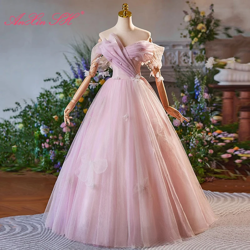 AnXin SH princess pink flower lace boat neck beading pearls butterfly ruffles lace up ball gown customized wedding dress