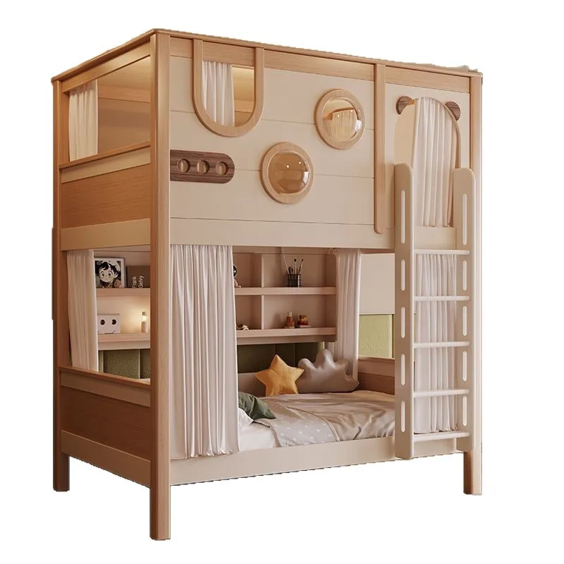 

Nordic bunk bed with high guardrail Small apartment high and low bed Children's room Space capsule upper and lower beds