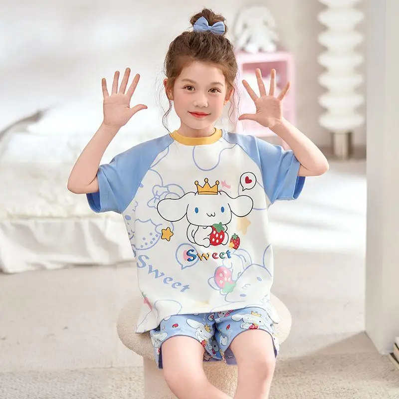 Sanrio Cinnamoroll Piyama Setelan Katun Murni Musim Panas Kaus Anak Perempuan Celana Pendek Nyaman Santai Kartun Kawaii Anime Pakaian Gaya Baru